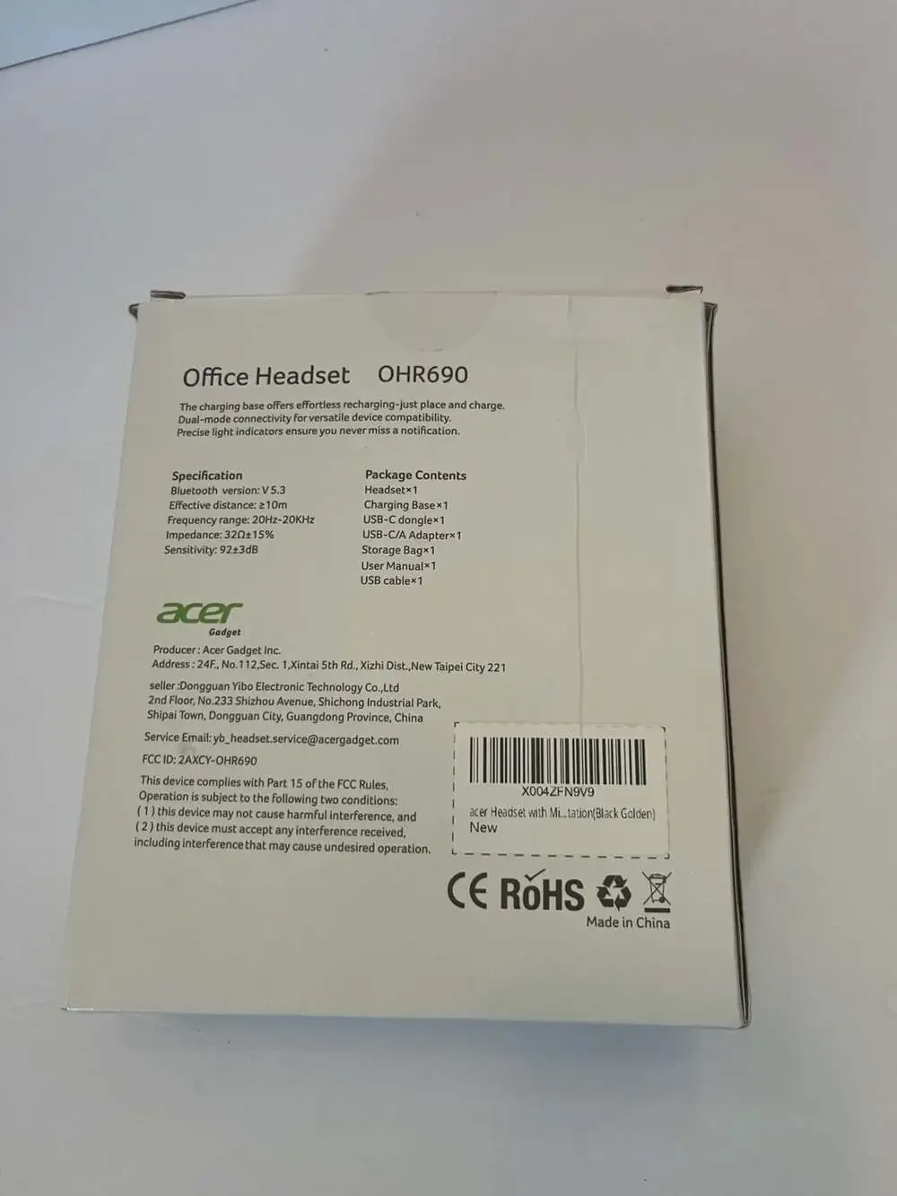 Acer OHR690 Office Headset with Charging Base - Missing Bluetooth dongle